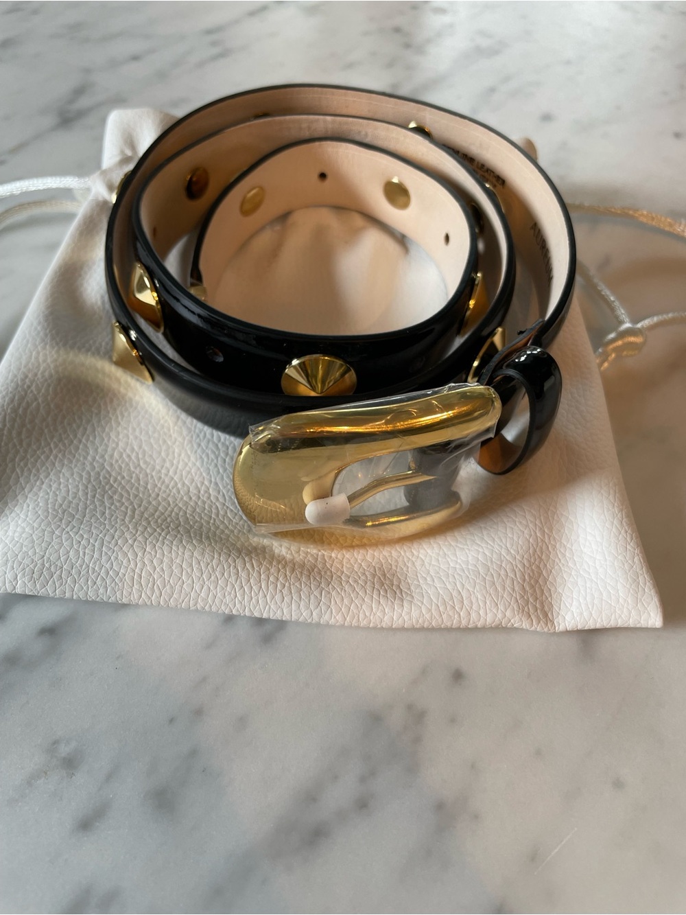 AUREUM Black Patent Stud Wrap Belt with Gold-Tone Buckle